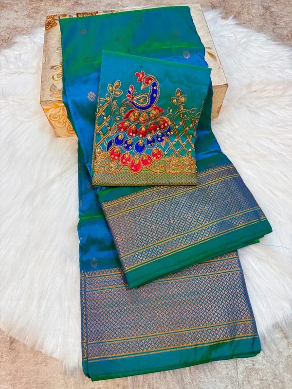 Heritage Ananda Green Self Semi Silk Paithani Saree with Peacock Embroidery Designer Blouse