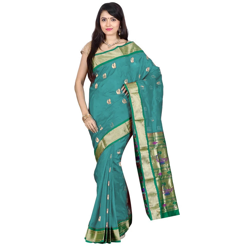 Handwoven Paithani Pure Silk Green and Golden Border Saree with Silk Mark