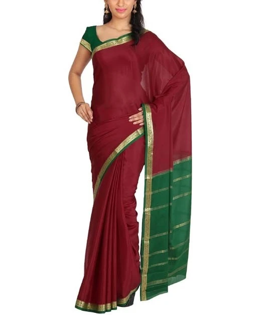 Marron with Green Contrast  Pure Mysore Silk Handwoven saree