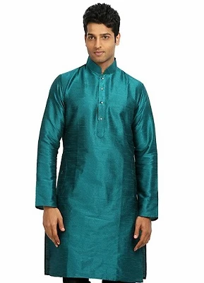 Rama Green Dupion Silk Mens Kurtha with White Pajama