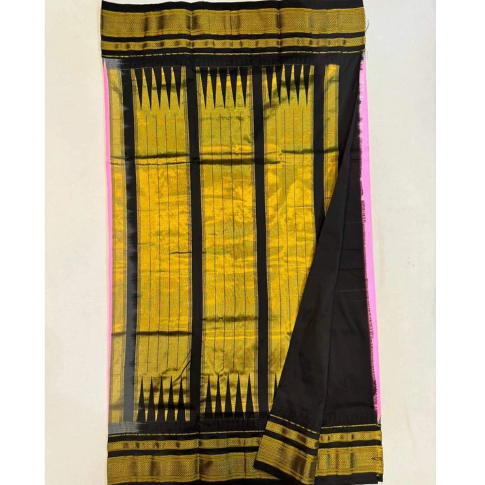 Orange Ilkaal Butta pure silk saree with zari border and traditional woven patterns