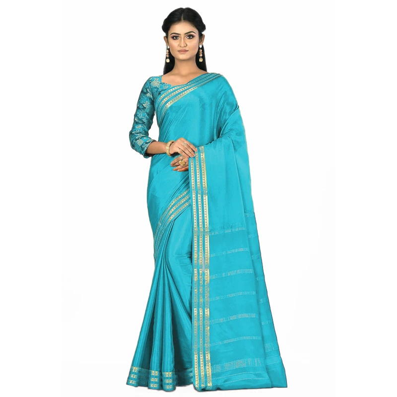 Sky Blue Self Coloured Three Lines Border Pure Mysore Silk Saree with silk Mark