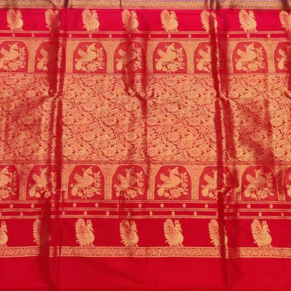 Blue with Red Contrast Gadwal traditional silk saree with zari border for festive and wedding occasions