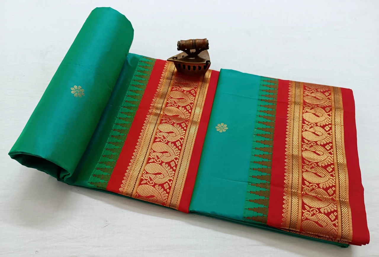 Green with Red Contrast Gadwal traditional silk saree with zari border for festive and wedding occasions