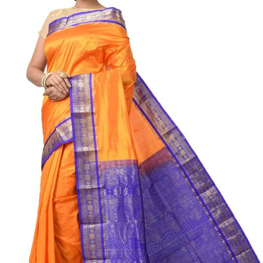 Traditional Kanchipuram Pure Silk Saree in Orange with Voilet Contrast 