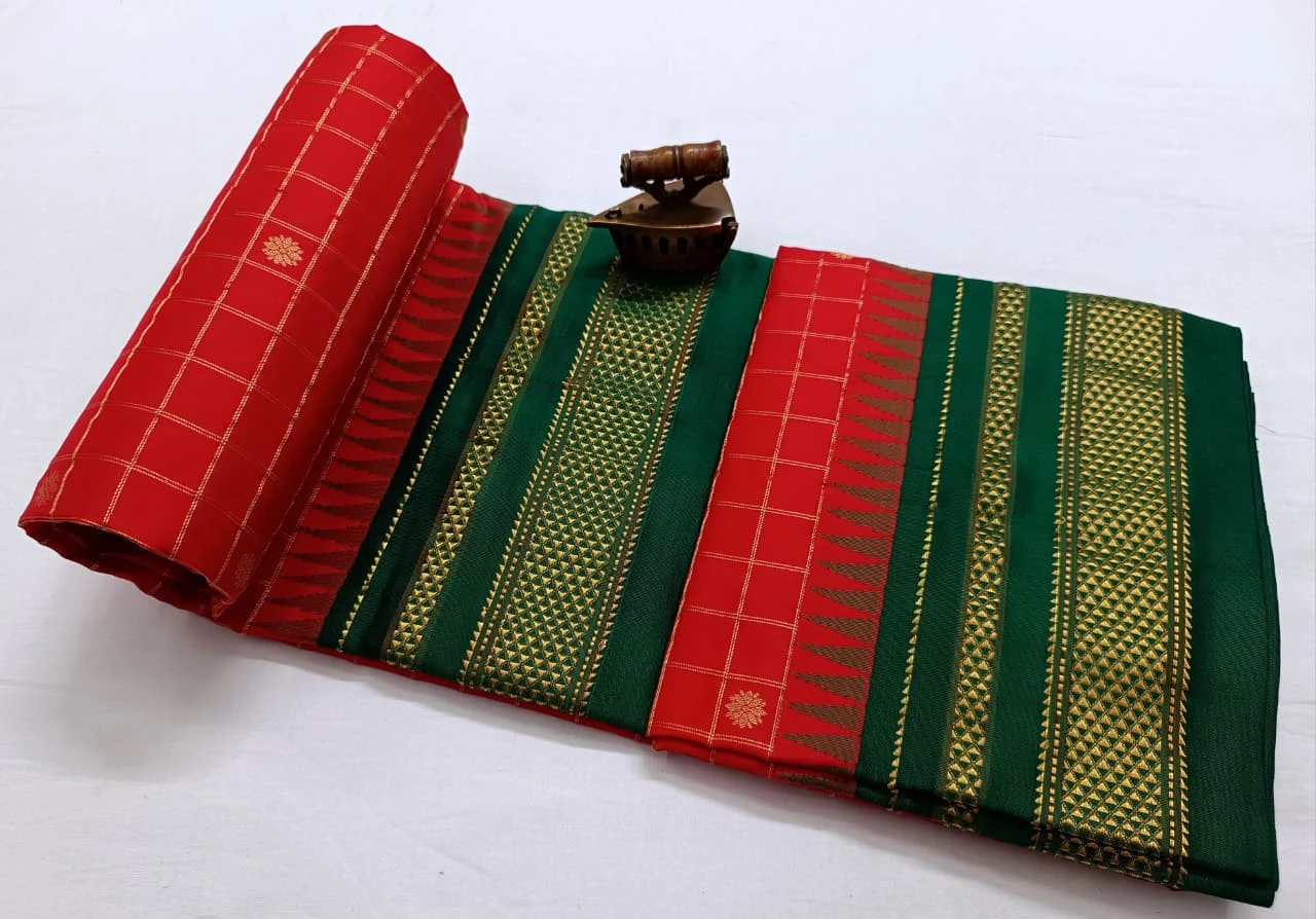 Pure Ilkaal Checks saree in Red & Green with zari border and traditional woven patterns