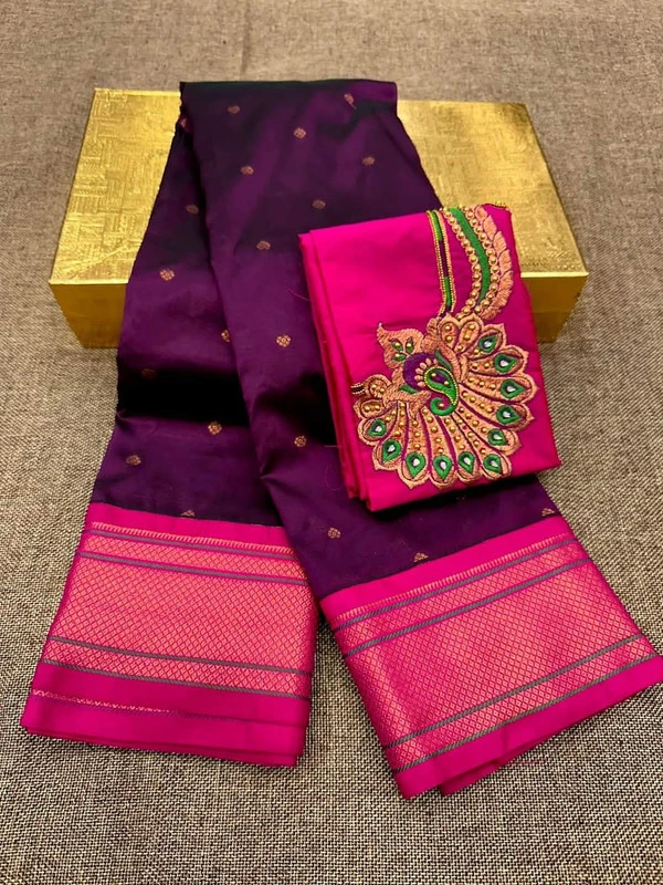 Plum & Pink Semi Silk Paithani Saree with Peacock Embroidery Blouse