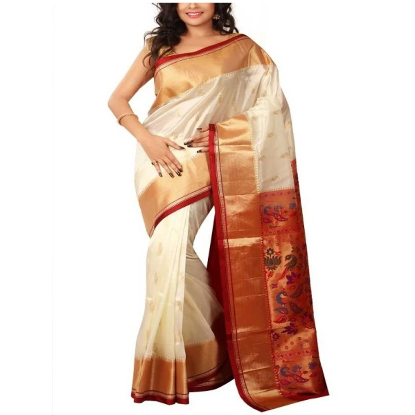 Tussar Cream  and Marron Border Woven Paithani Art Silk Saree