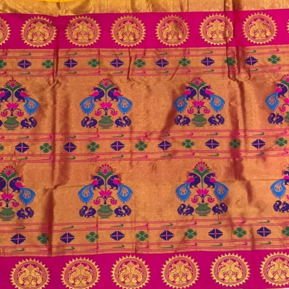 Teal Blue-Green Semi Silk Paithani Saree with Gold Paisley Motifs & Bright Red Zari Border