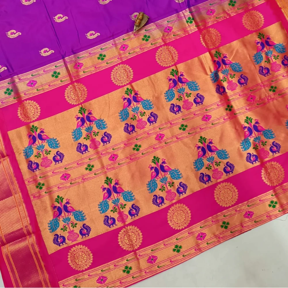 Purple Pure Silk Paithani Saree featuring luxurious silk fabric, rich zari woven borders, elegant traditional motifs