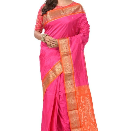 Traditional Kanchipuram Pure Silk Saree in Ink Pink with Orange Contrast