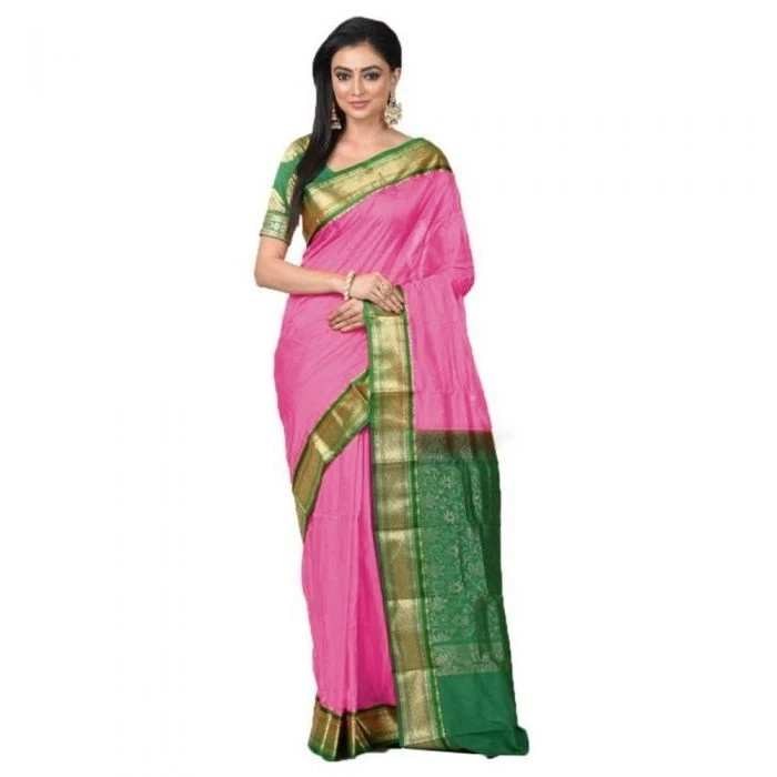 Baby Pink and Green Traditional Kanchipuram Pure Silk Saree