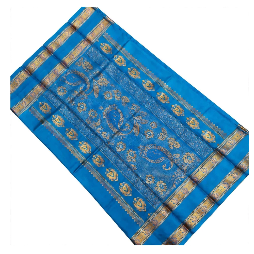 Purple Kanchipuram silk saree with blue Bentex border and gold paisley motifs.