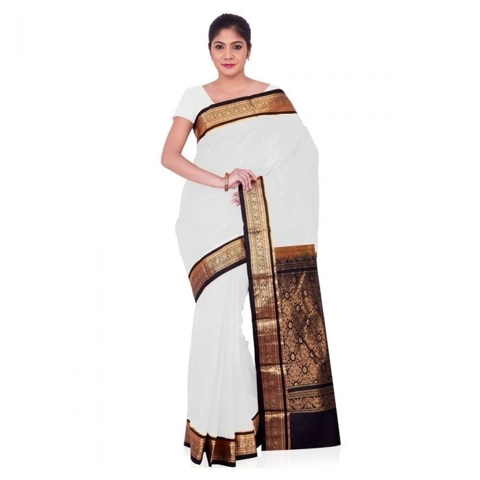 White With Black Traditional Kanchipuram Pure Silk Saree