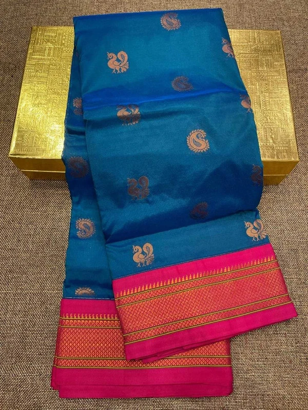 Peacock Motif Blue Semi Silk Paithani Saree with Peacock Embroidery Blouse