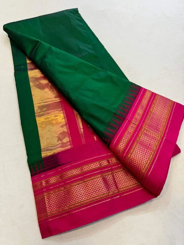 Rama Green and Rani Border - Traditional Handwoven Ilkaal Saree