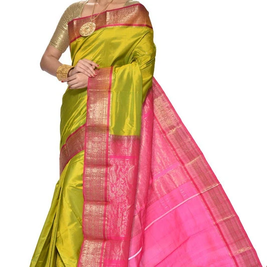 Traditional Arangetram Kanchipuram Pure Silk Saree in Parrot Green with Rani Pink Contrast 