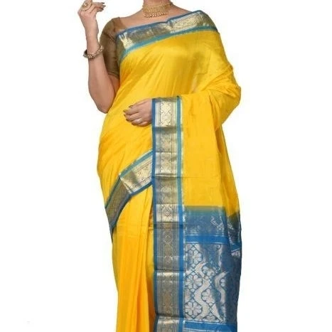 Golden Yellow and Anandha Blue Contrast Traditional Kanchipuram Pure Silk Saree