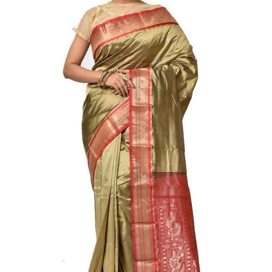 Traditional Kanchipuram Pure Silk Saree in Metallic Green with Red Contrast