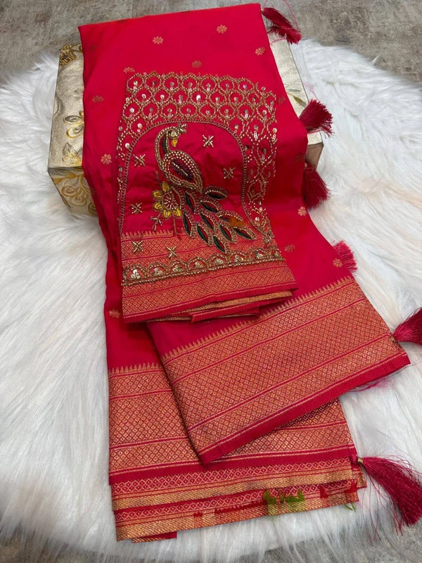 Premium Red Pink Semi Silk Paithani Saree with Peacock Embroidery Blouse