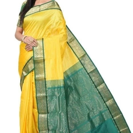 Golden Yellow and Green Contrast Traditional Sarees for Arangetram in Kanjeevaram Silk