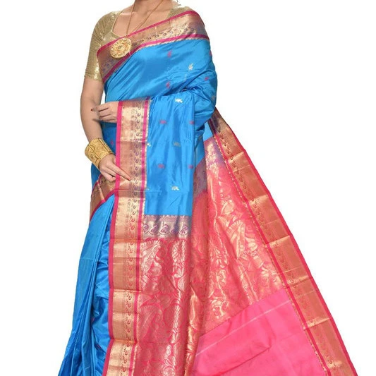 Sky Blue and Rani Pink Contrast Traditional Kanchipuram Pure Silk Saree
