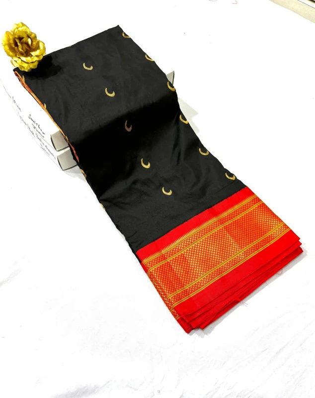 Black with Red Border Paithani Pure Silk Saree with Meena Butta weaving and traditional zari border