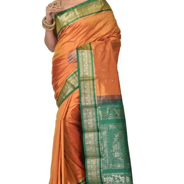Traditional Kanchipuram Pure Silk Saree in Orange with Green Contrast