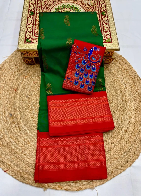 Green Semi Silk Paithani Saree with Peacock Embroidery Blouse