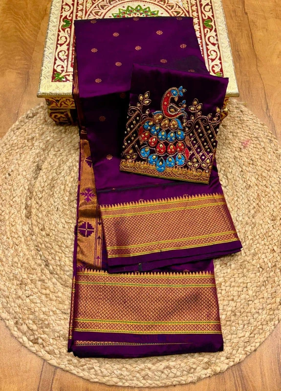 Premium Wine Purple Semi Silk Paithani Saree with Peacock Embroidery Blouse