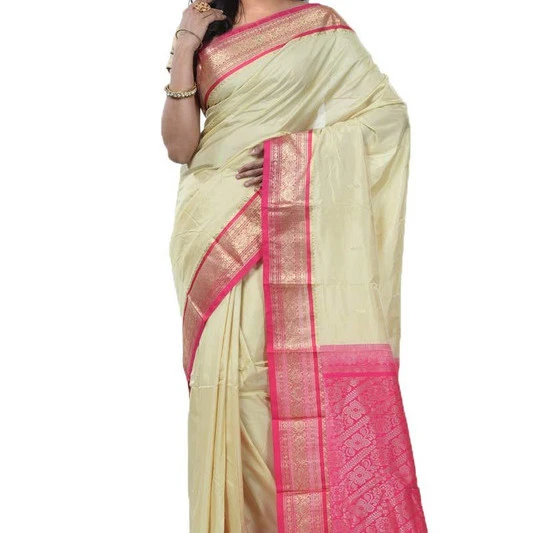 Tussar Cream and Rani pink Contrast Traditional Kanchipuram Pure Silk Saree
