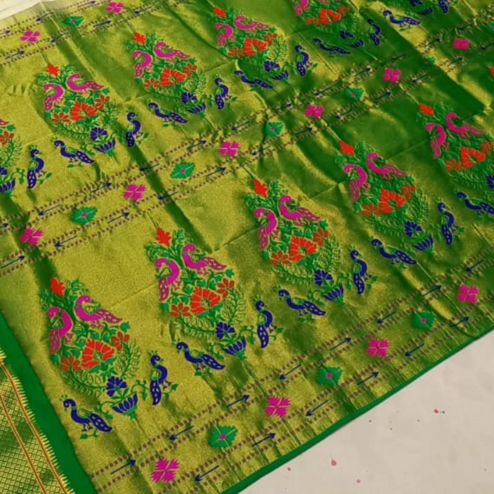 Pink with Green Border Paithani Pure Silk Saree with Meena Butta weaving and traditional zari border