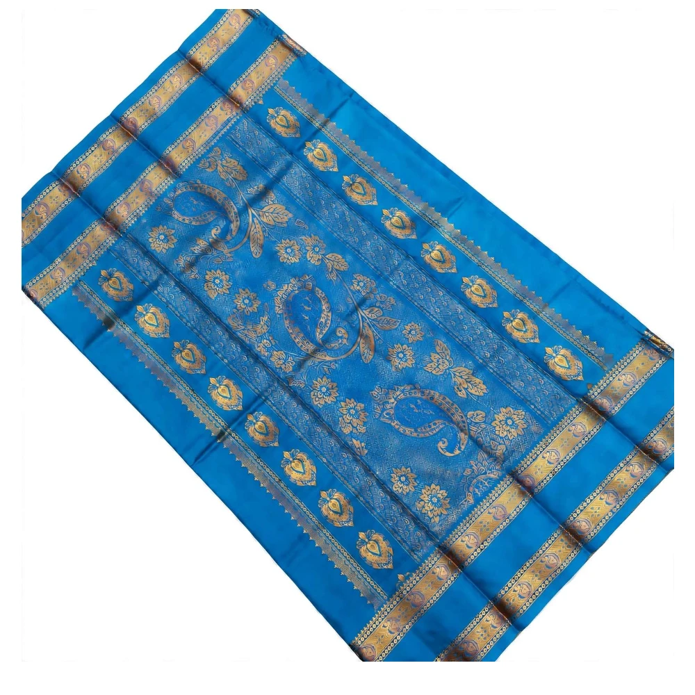Orange silk saree with sky blue Bentex border and intricate paisley motifs.