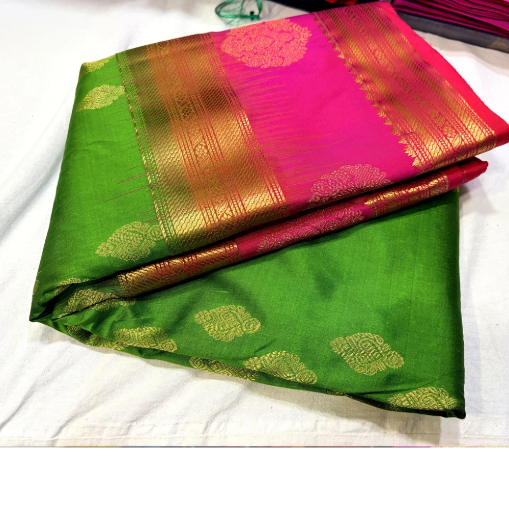 Green & Pink Kanchipuram Pure Silk Saree with Blouse
