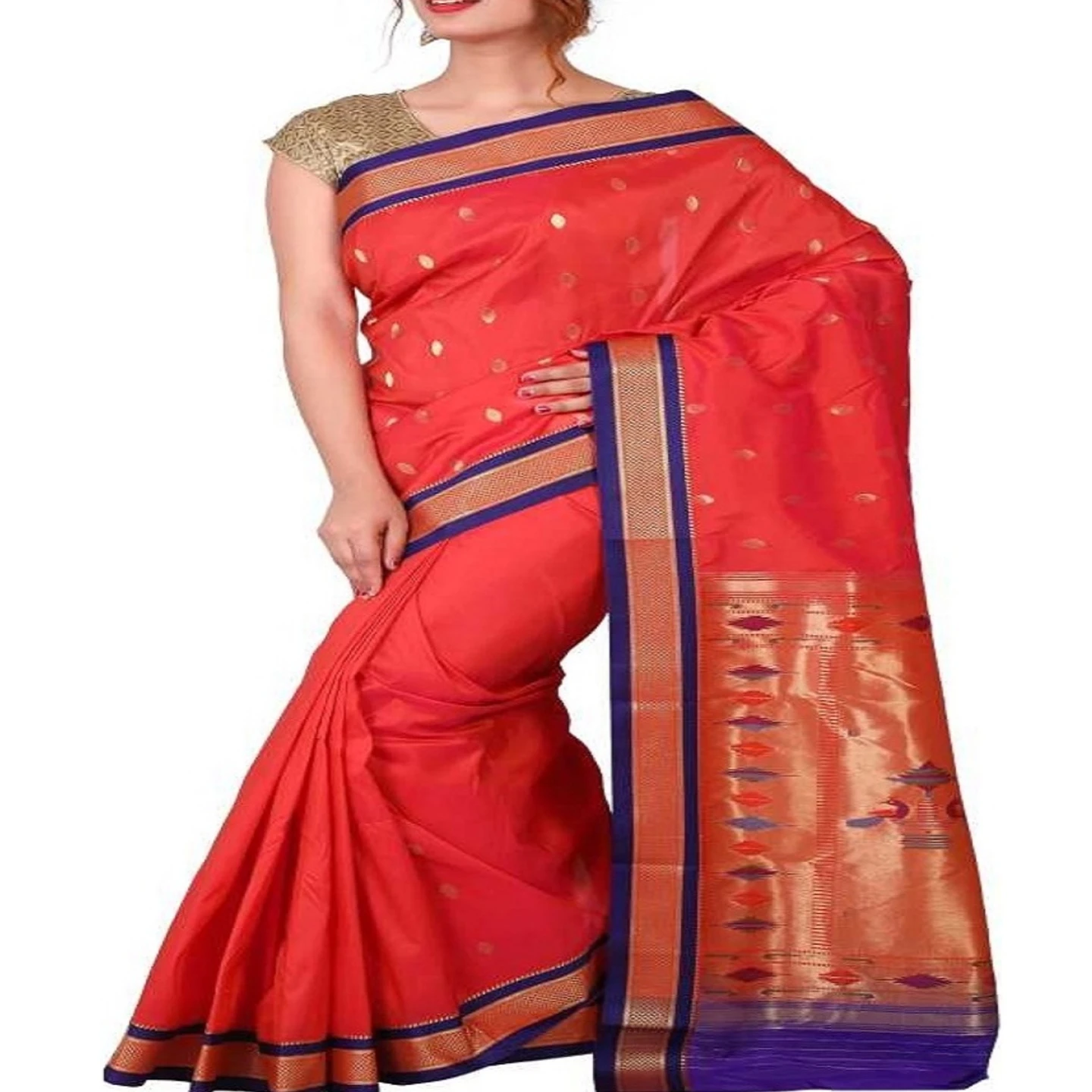 Tomato Red and Voilet Small Border Woven Paithani Art Silk Saree
