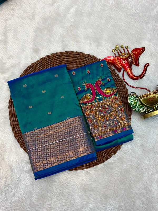 Ananda Blue Self Semi Silk Paithani Saree with Peacock Embroidery Designer Blouse
