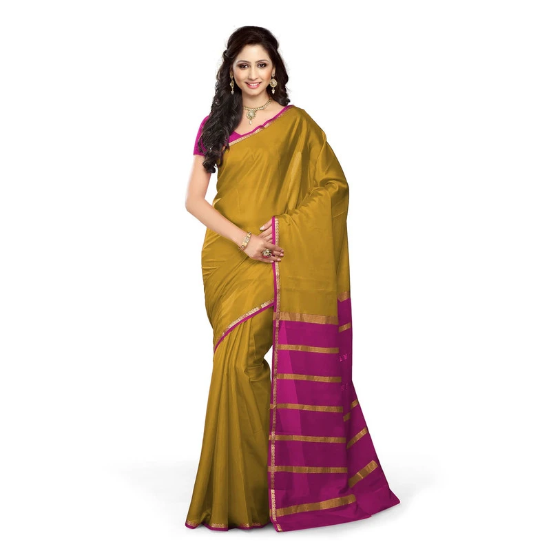 Pure Mysore Silk saree in Peach Orange and Pink Contrast Mango Border