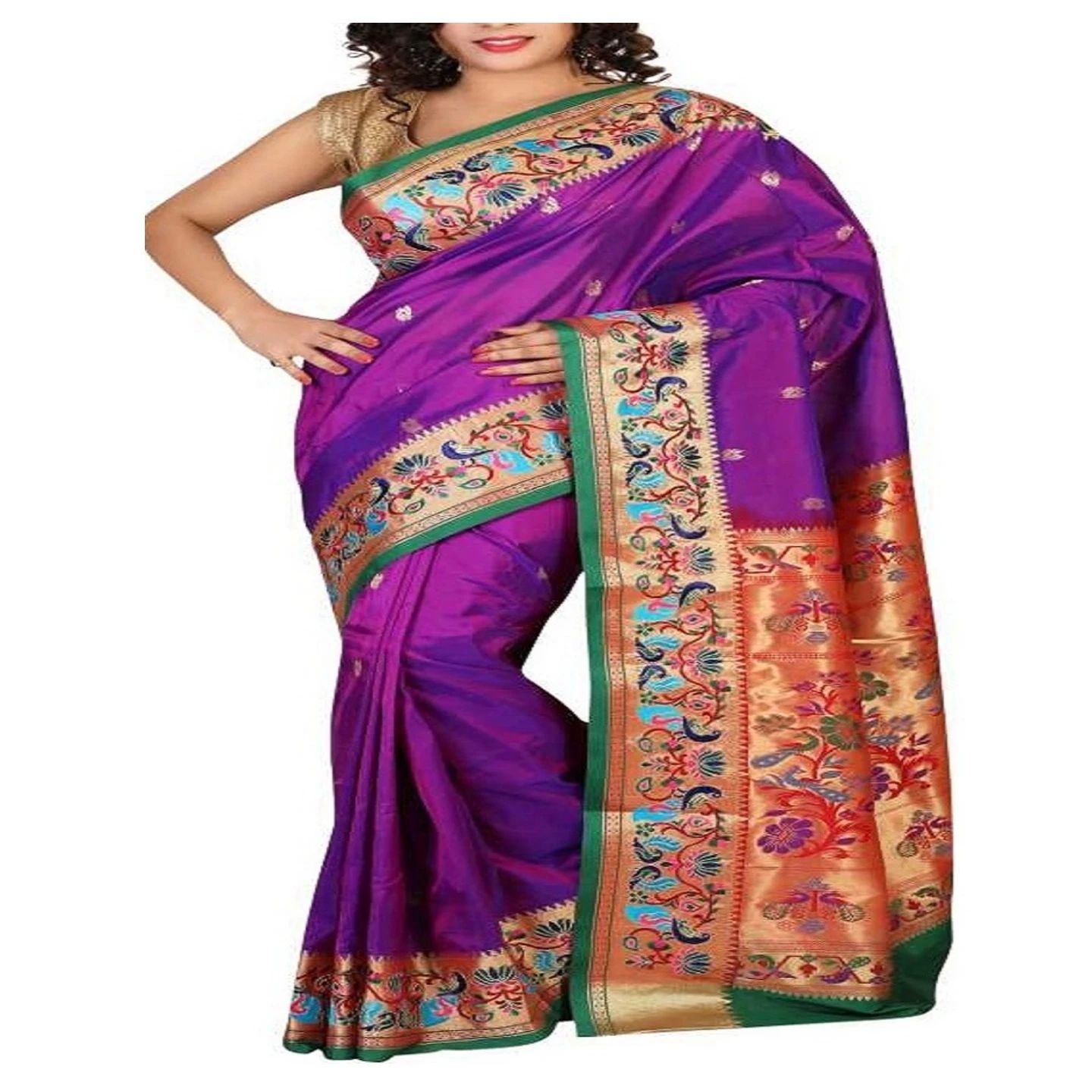 Magenta and Green Embroidery Border Paithani Art Silk Saree