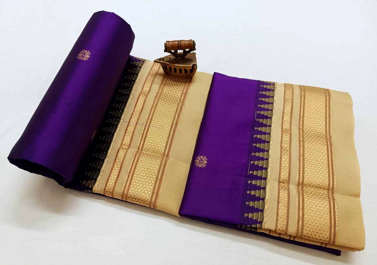 Purple Beige Ilkaal Butta pure silk saree with zari border and traditional weaving