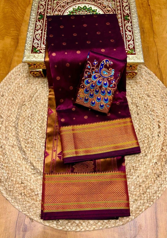 Regal Magenta Self Color Semi Silk Paithani Saree with Peacock Embroidery Designer Blouse