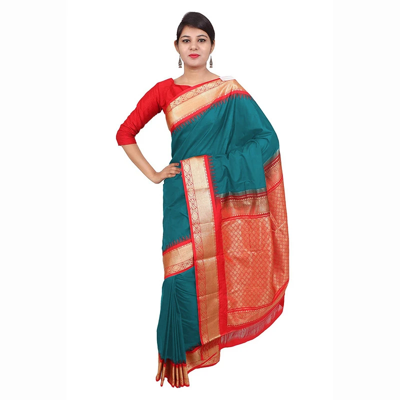 Rama Blue with Red Pallu Handwoven Pure Bangalore Silk Kadiyal Saree with Silk Mark