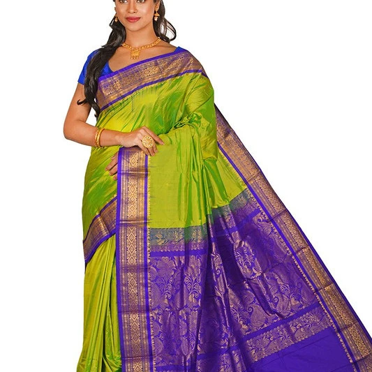 Traditional Arangetram Kanchipuram Pure Silk Saree in Parrot Green with Voilet Contrast 
