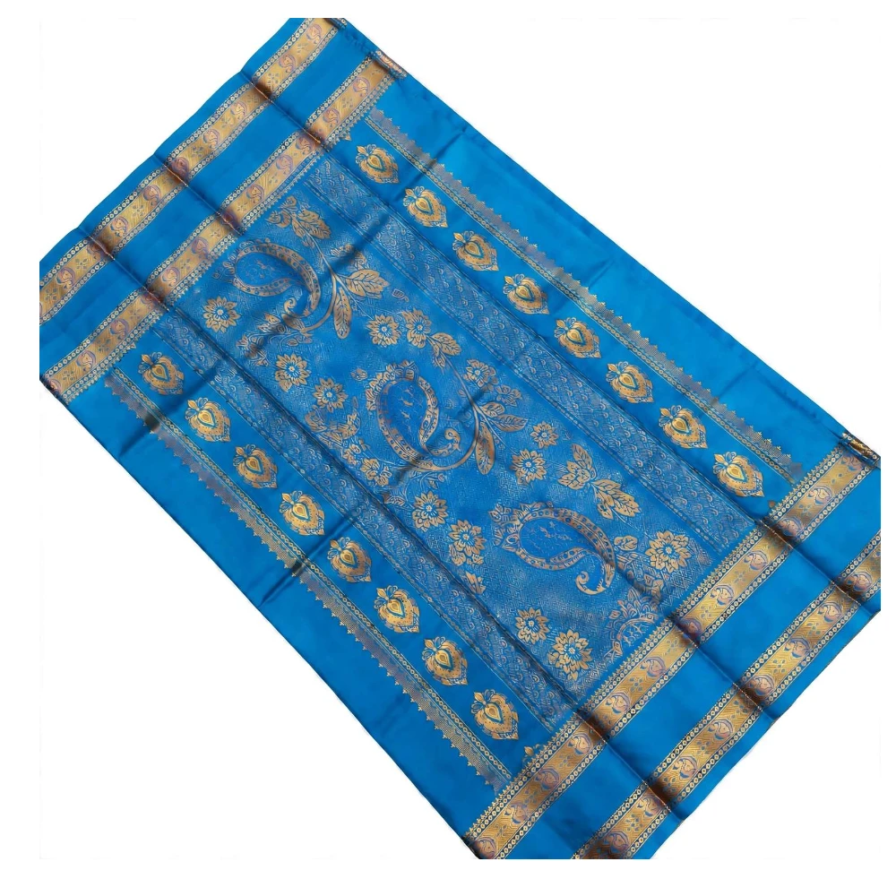 Peach and Blue Kanchipuram silk saree with Bentex border and golden motifs