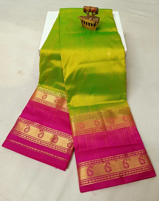 Light Pink and Pink Kanchipuram silk saree with Bentex border and golden motifs