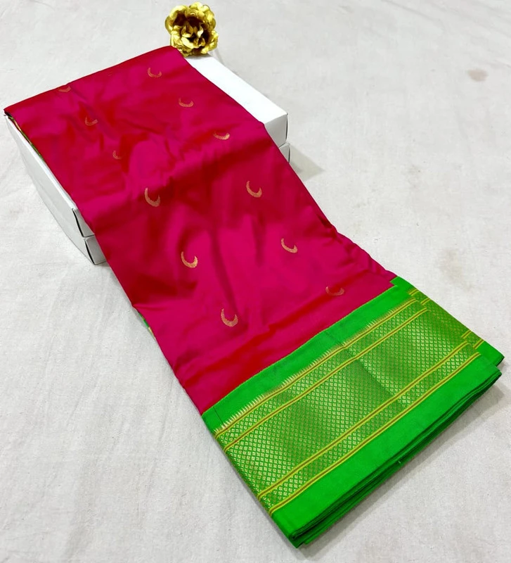 Pink with Green Border Paithani Pure Silk Saree with Meena Butta weaving and traditional zari border
