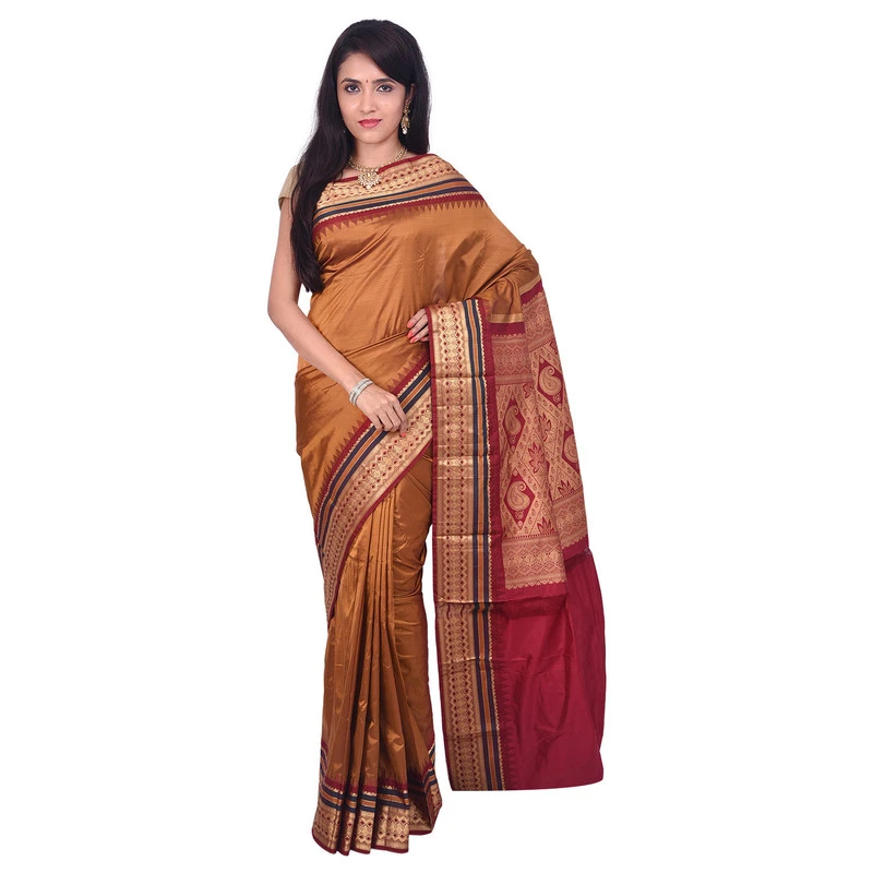 Golden Orange with MultiColour Border Kadiyal Variety Pure Bangalore Silk Superior Quality Saree