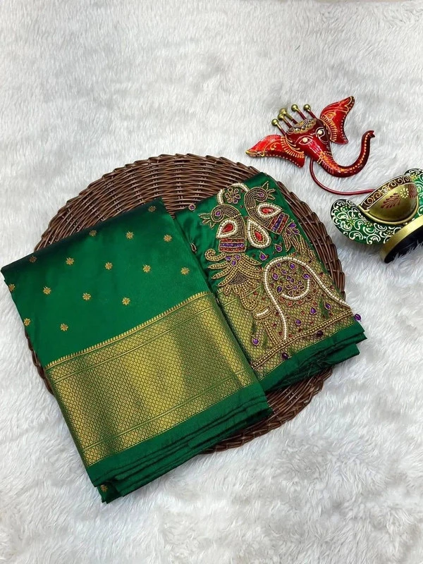 Heritage Green Semi Silk Paithani Saree with Peacock Embroidery Designer Blouse