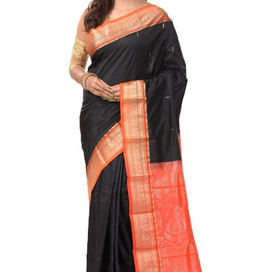 Black with Orange Contrast Traditional Kanchipuram Pure Silk Saree