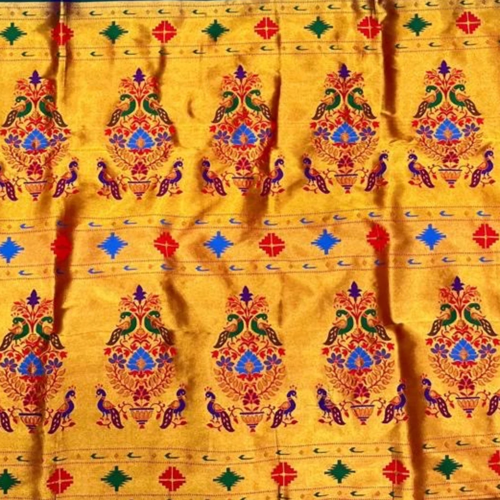 Golden Grey and Ananda Semi Silk Paithani Saree with Peacock Embroidery Designer Blouse