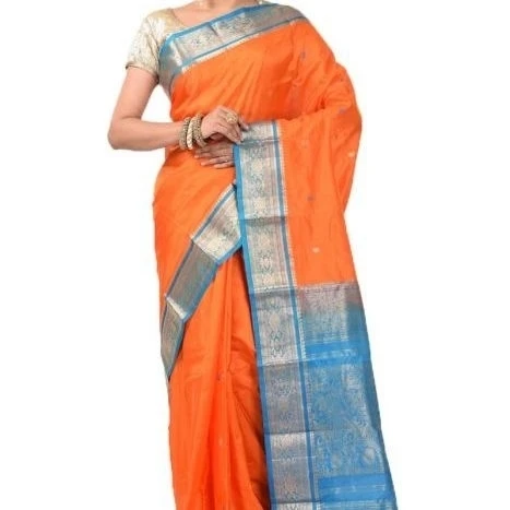 Dark Orange and Ananda Blue Contrast Traditional Kanchipuram Pure Silk Saree